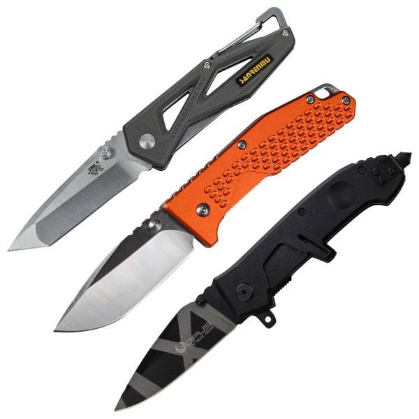 A 3-pack of folding knives featuring a grey knife with a skeletonized handle, an orange knife with a textured grip, and a black knife with a partially serrated blade and tactical design.