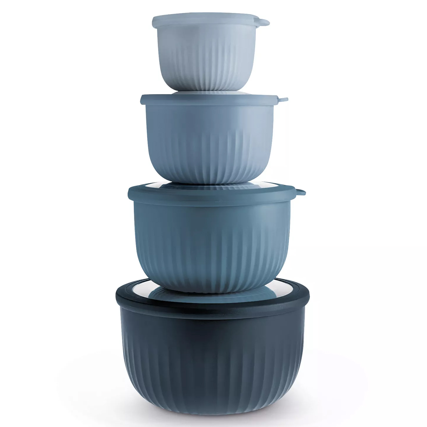 A stack of four nesting bowls with lids, in varying shades of blue, featuring a ribbed texture.