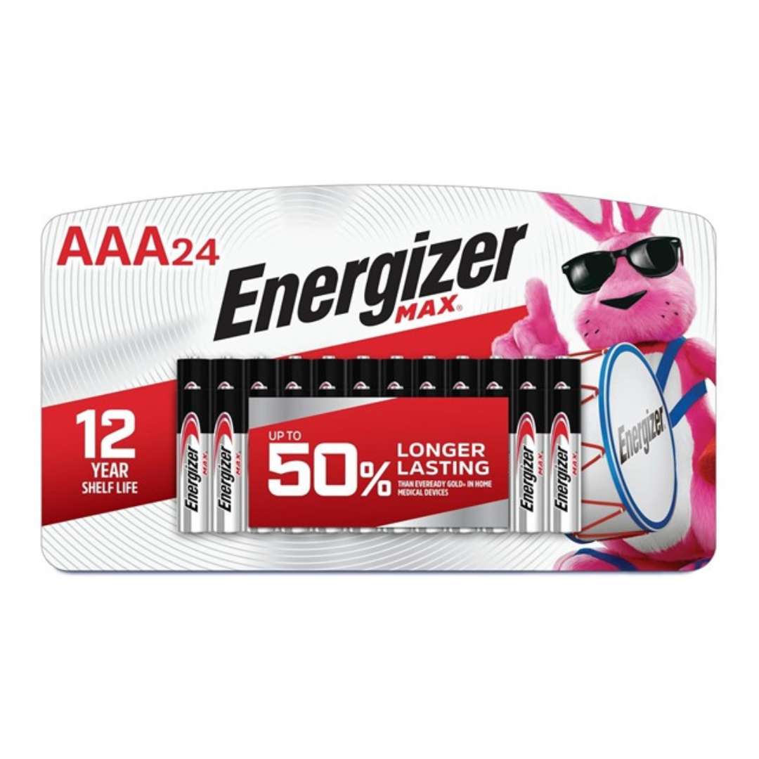 Pack of 24 AAA Energizer Max batteries, featuring a 12-year shelf life and up to 50% longer-lasting power compared to ordinary batteries, with a pink bunny mascot in sunglasses.