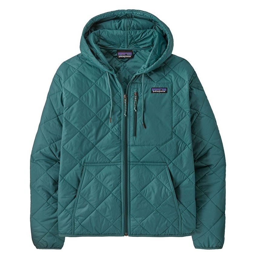 Teal quilted jacket with a hood, full zip, and front pockets. Features a small logo patch on the chest.