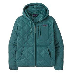 Teal quilted jacket with a hood, full zip, and front pockets. Features a small logo patch on the chest.