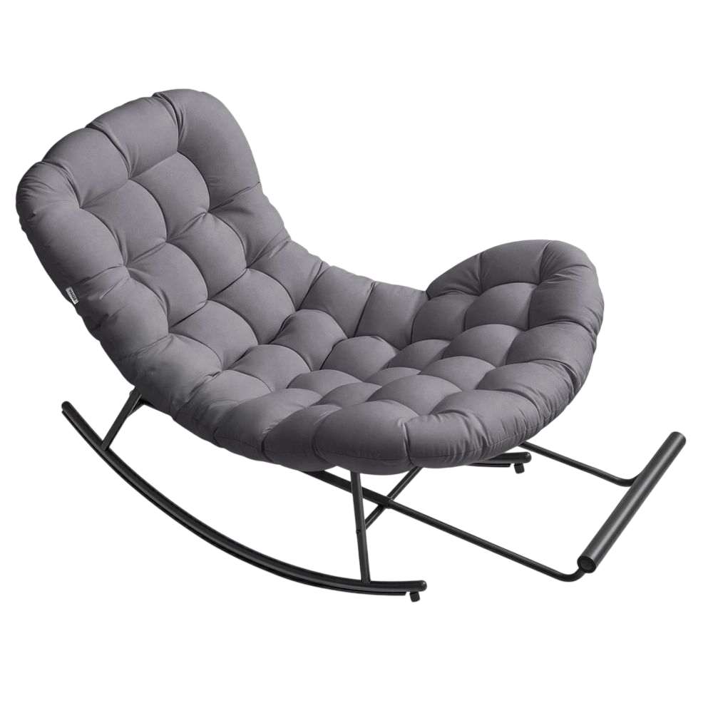 A cushioned gray rocking chair with a modern design and metal frame, featuring tufted padding throughout for added comfort.