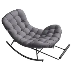 A cushioned gray rocking chair with a modern design and metal frame, featuring tufted padding throughout for added comfort.