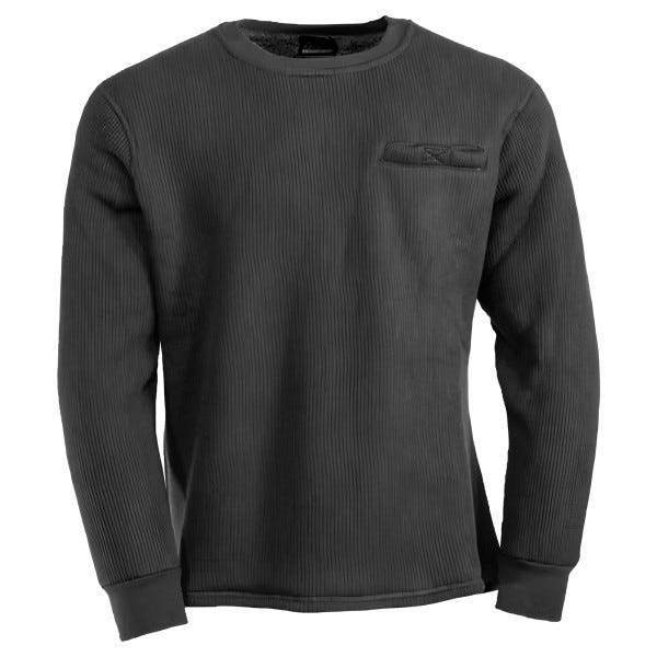A black, long-sleeve ribbed sweater with a small rectangular logo patch on the chest.