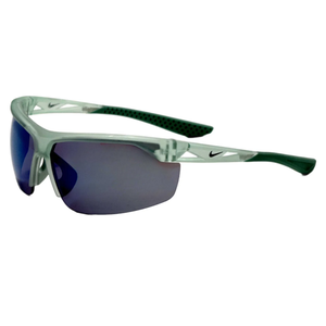 Sunglasses with a semi-rimless design, featuring a transparent frame, blue-tinted lenses, and a small black Nike logo on the arms.
