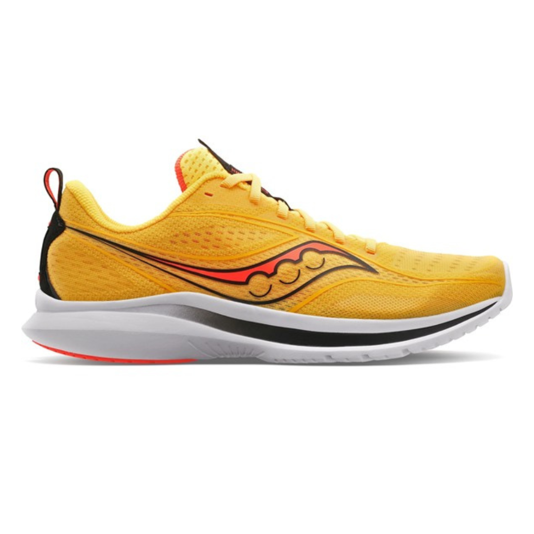 Yellow running shoe with black and orange accents, featuring a lightweight mesh upper and a cushioned white midsole for comfort.