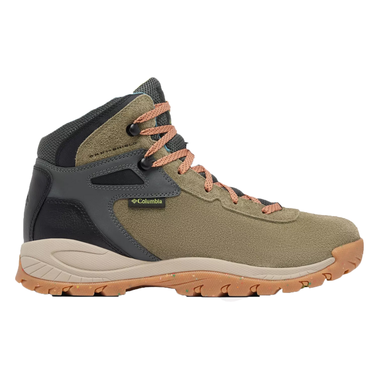 Columbia Newton Ridge Men's Boots feature a rugged design with tan suede, black accents, and pinkish laces, ideal for hiking. They have durable outsoles for traction and branded detailing on the side.