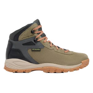 Columbia Newton Ridge Men's Boots feature a rugged design with tan suede, black accents, and pinkish laces, ideal for hiking. They have durable outsoles for traction and branded detailing on the side.