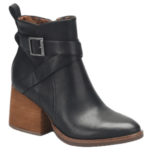 Black leather ankle booties with a 3.5-inch wooden block heel, featuring a wraparound strap and buckle detail.