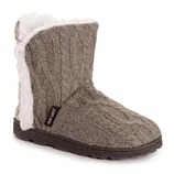 A brown knit boot with cable-knit design, featuring plush white interior lining and a rubber sole.