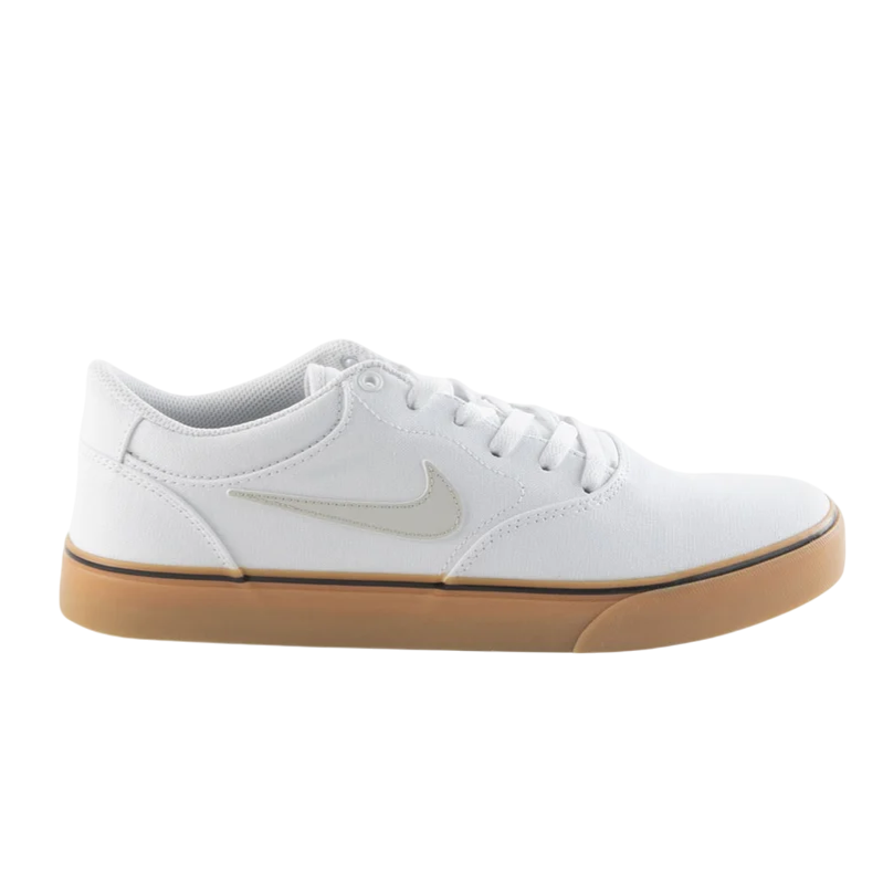 A white sneaker with a brown gum sole featuring a subtle logo design on the side.