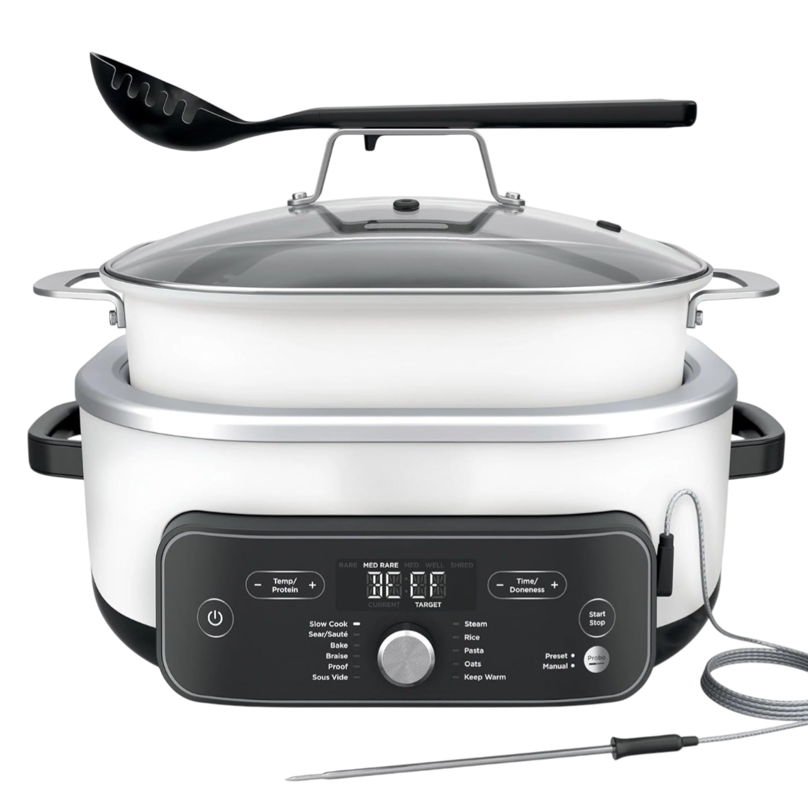 A versatile slow cooker with multiple cooking modes including slow cook, steam, sauté, bake, and sous vide, featuring a digital display, adjustable settings, and a temperature probe, with a slotted spoon resting on top.