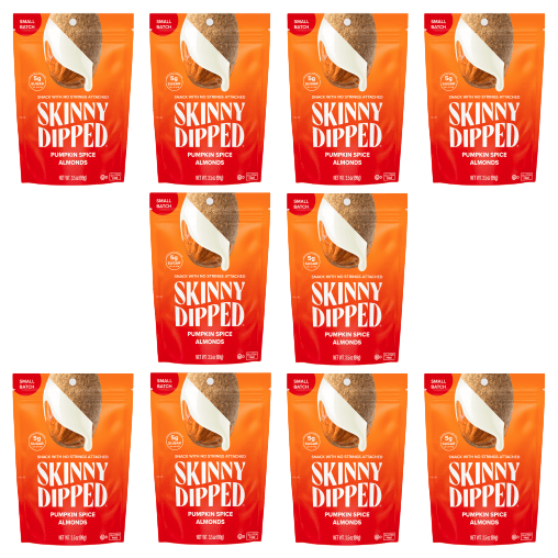 Nine packages of Skinny Dipped Pumpkin Spice Almonds are shown, each weighing 1.5 ounces.