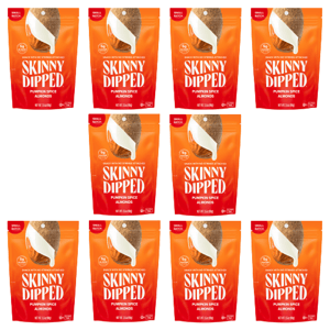 Nine packages of Skinny Dipped Pumpkin Spice Almonds are shown, each weighing 1.5 ounces.