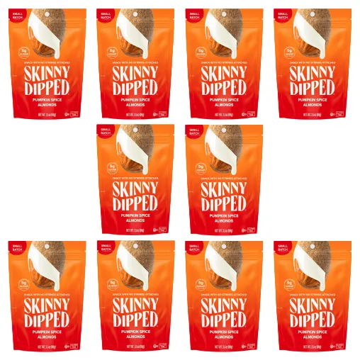 Nine packages of Skinny Dipped Pumpkin Spice Almonds are shown, each weighing 1.5 ounces.