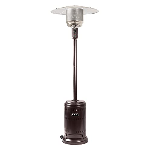 A free-standing patio heater with a round reflector top, slender pole, and wheeled base for mobility, capable of outputting 46,000 BTUs of heat.