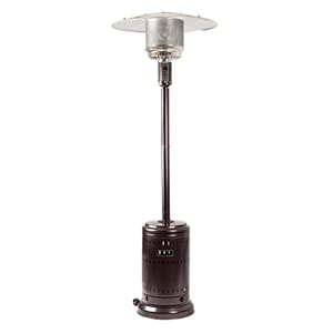 A free-standing patio heater with a round reflector top, slender pole, and wheeled base for mobility, capable of outputting 46,000 BTUs of heat.