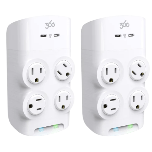 Two wall-mounted surge protectors with three standard AC outlets and two USB-C ports each. They feature indicators labeled \“Mundo\“ and \“Sumir\“.