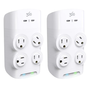 Two wall-mounted surge protectors with three standard AC outlets and two USB-C ports each. They feature indicators labeled \“Mundo\“ and \“Sumir\“.