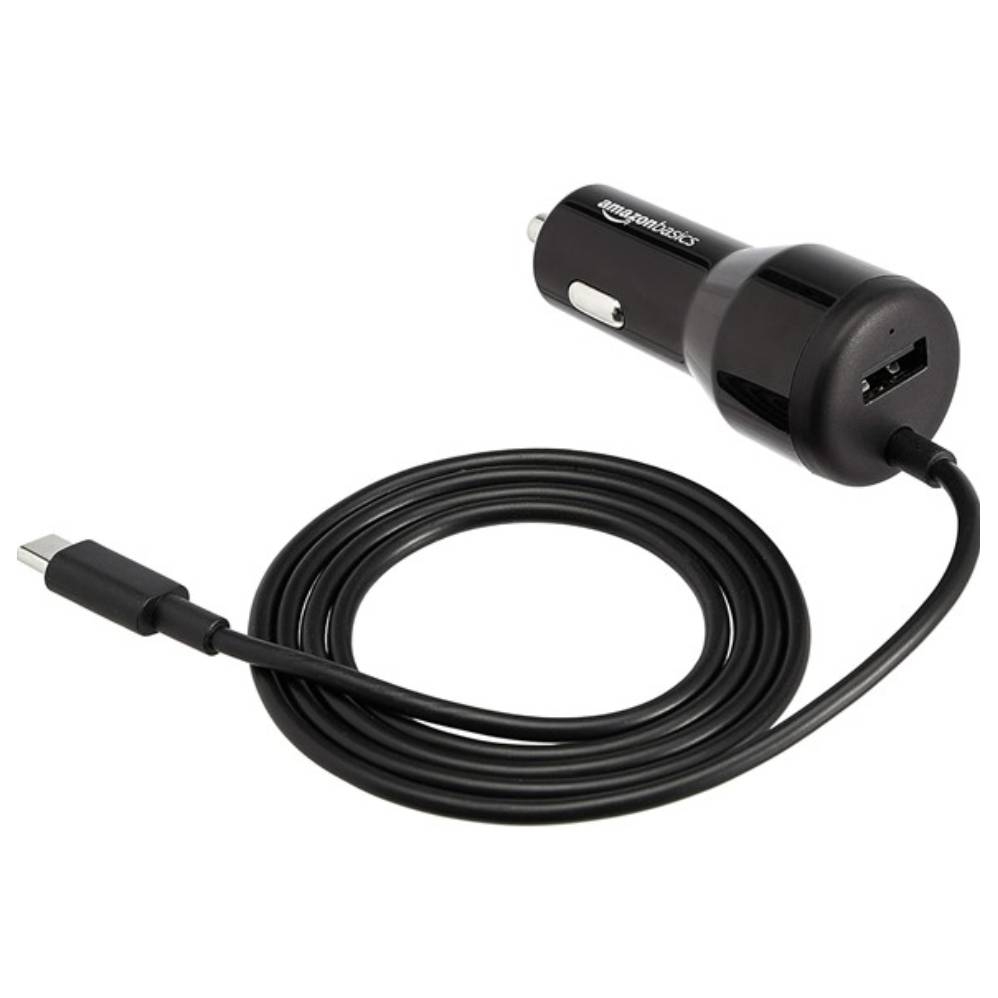 A black car charger with a USB-C cable, designed for use in a car's cigarette lighter port, featuring a USB port for additional device connectivity.