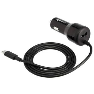 A black car charger with a USB-C cable, designed for use in a car's cigarette lighter port, featuring a USB port for additional device connectivity.