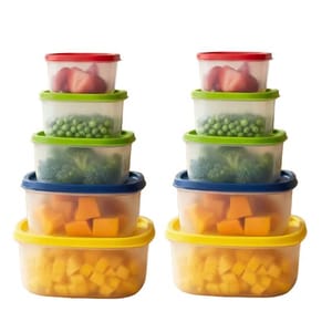 A stack of colorful, plastic food storage containers with lids, containing strawberries, green peas, broccoli, and cubed cheese. The containers are arranged in two identical stacks.