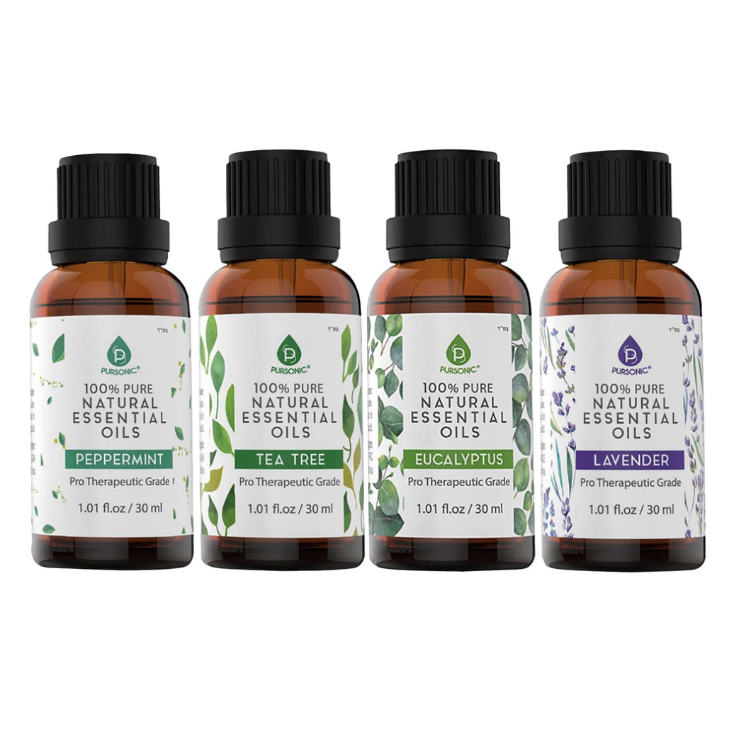 4-pack of Pursonic 100% Pure Natural Essential Oils includes Peppermint, Tea Tree, Eucalyptus, and Lavender, each in a 1.01 fl. oz (30 ml) amber bottle, labeled as Pro Therapeutic Grade.