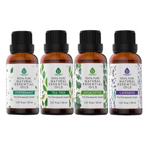 4-pack of Pursonic 100% Pure Natural Essential Oils includes Peppermint, Tea Tree, Eucalyptus, and Lavender, each in a 1.01 fl. oz (30 ml) amber bottle, labeled as Pro Therapeutic Grade.