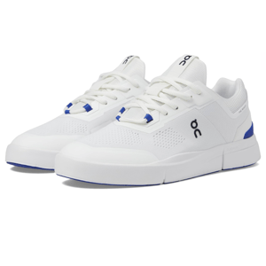White and blue tennis shoes featuring mesh uppers for breathability, lace-up closure, and cushioned soles with the \“On\“ logo on the sides and tongue.