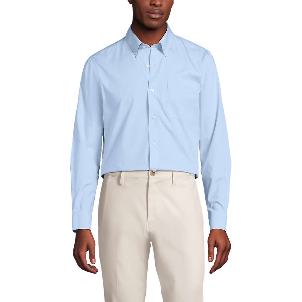 A light blue Lands' End Trad Fit No-Iron Dress Shirt with long sleeves, a button-down collar, chest pocket, and button closure, paired with beige trousers.