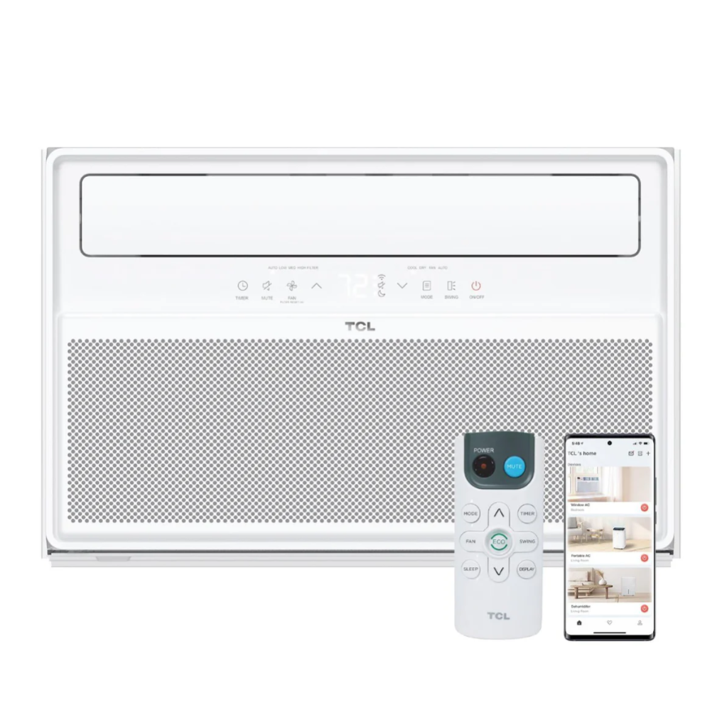 TCL window air conditioner with 6,000 BTU, WiFi controls, remote, and smartphone app integration.
