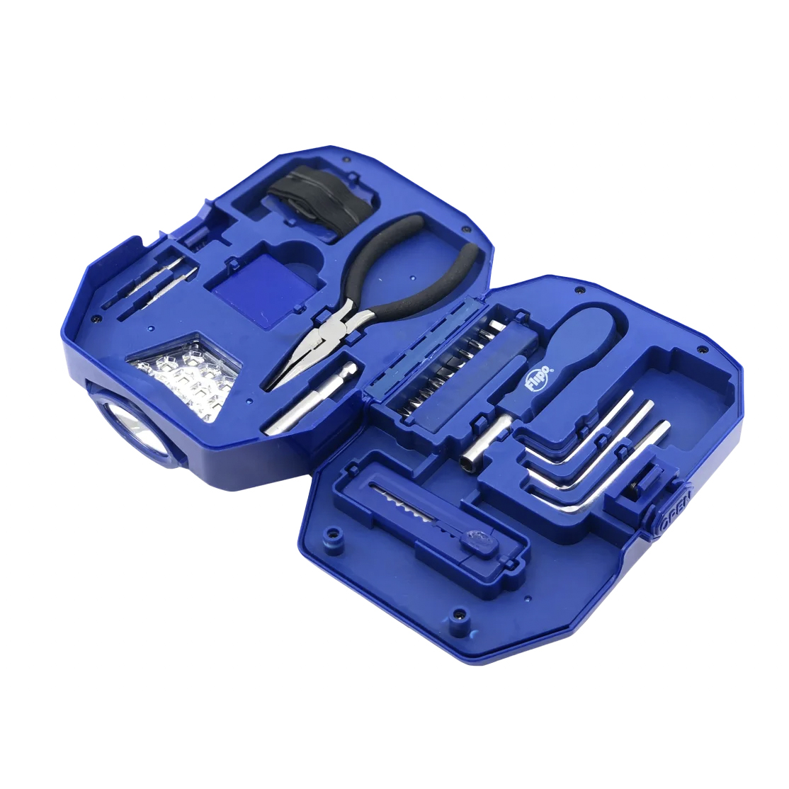 Blue tool set with pliers, assorted screwdrivers, hex keys, a mini saw, flashlight, and screwdriver bits in a compact case.