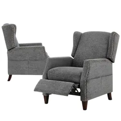 Two gray reclining armchairs with wingback design and brass nailhead trim, featuring wooden legs and upholstered fabric.