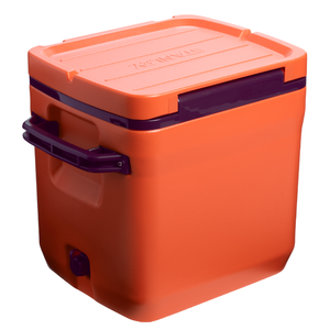 Orange and purple insulated cooler with a lid and side handles, featuring a spout at the bottom for easy drainage.
