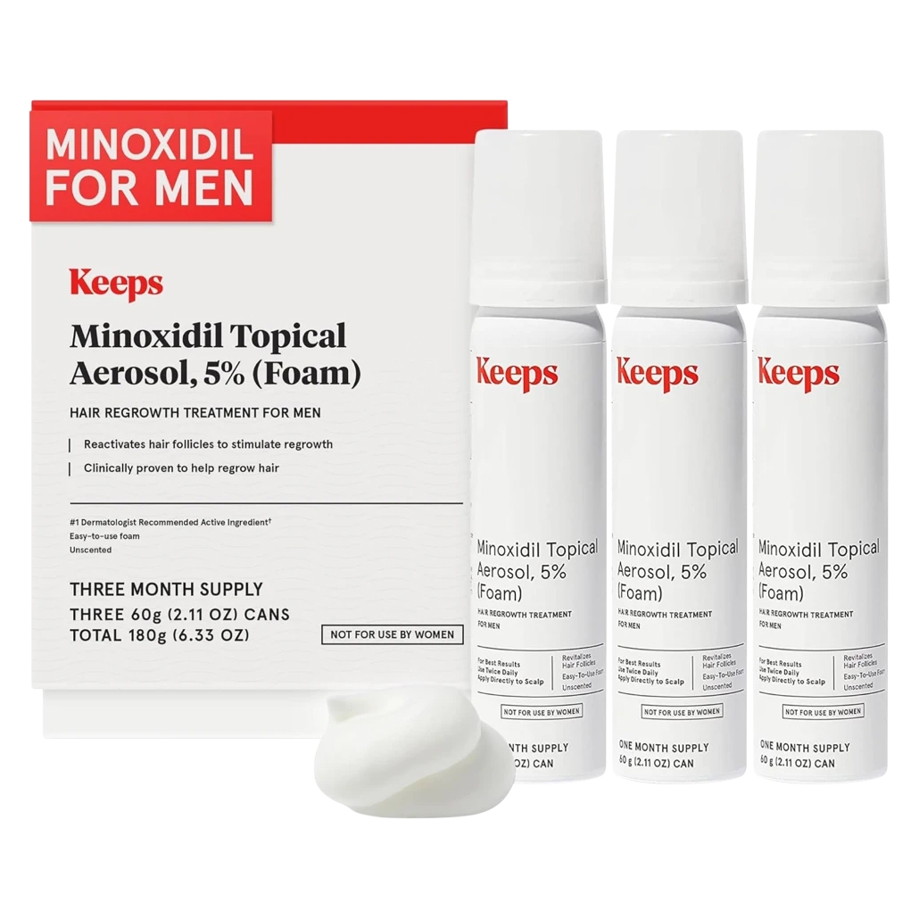 Keeps Minoxidil Topical Aerosol, 5% Foam is a hair regrowth treatment for men, reactivating hair follicles to stimulate growth. The package includes three 60g (2.11 oz) cans, providing a three-month supply.