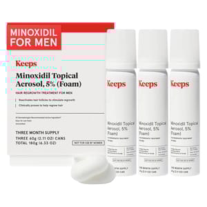 Keeps Minoxidil Topical Aerosol, 5% Foam is a hair regrowth treatment for men, reactivating hair follicles to stimulate growth. The package includes three 60g (2.11 oz) cans, providing a three-month supply.