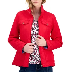 A red quilted jacket with a stand collar, buttoned flap chest pockets, and a front zipper closure, worn over a patterned shirt.