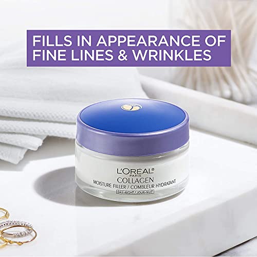 A L'Oreal collagen moisturizer jar sits on a surface, with text indicating it helps fill in fine lines and wrinkles.