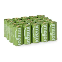 A pack of green AmazonBasics trash bags, with each roll labeled with the Amazon logo.