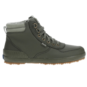 A dark green high-top sneaker with a rugged sole, metal eyelets, and laces. The brand \“Keds\“ is visible on the side.