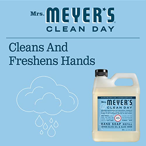 Mrs. Meyer's Clean Day Hand Soap Refill claims to clean and freshen hands, featuring olive oil and aloe vera.