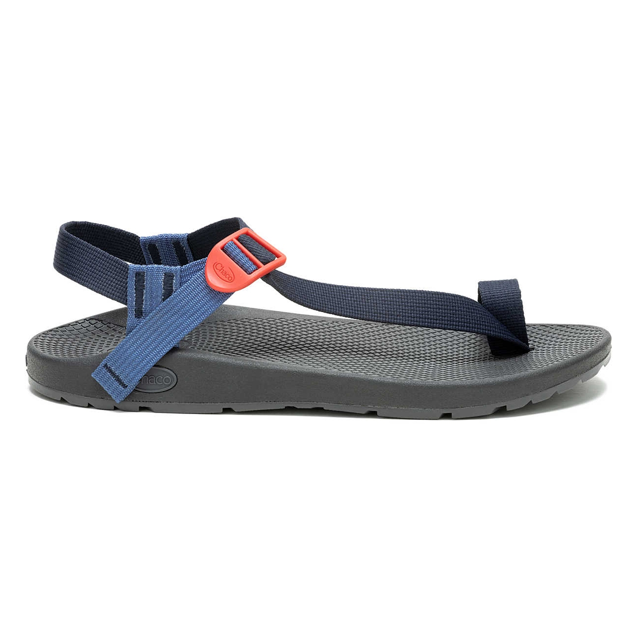 Navy and black Chaco Men's Bodhi Strap Sandal featuring an adjustable strap with a red buckle, contoured footbed, and textured sole for grip.