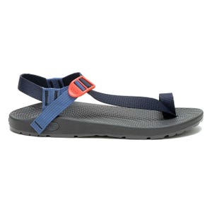 Navy and black Chaco Men's Bodhi Strap Sandal featuring an adjustable strap with a red buckle, contoured footbed, and textured sole for grip.