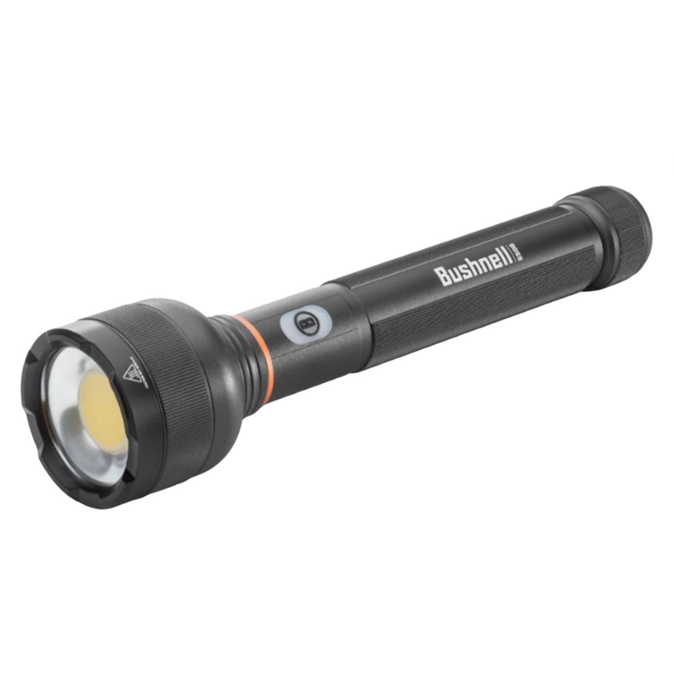 Bushnell 6,500 Lumen 4-Mode Flashlight features a robust black design with an LED light source, a power button on its body, and an orange accent ring near the head.