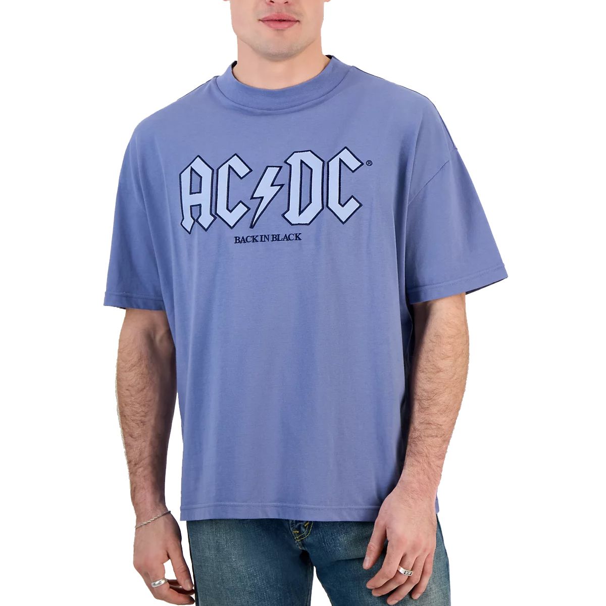 A person is wearing a blue t-shirt with an AC/DC \“Back in Black\“ logo, paired with jeans.