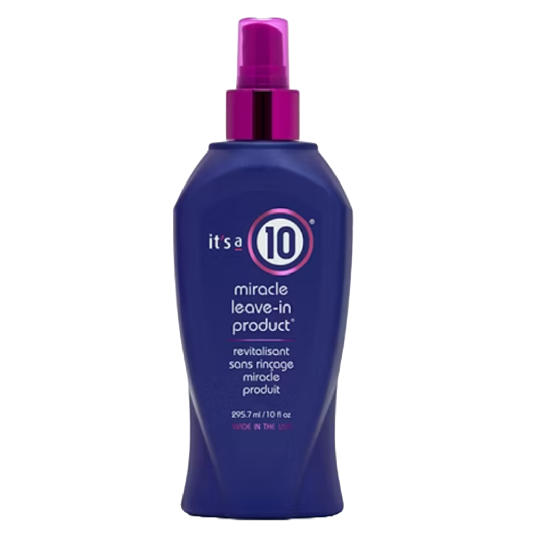 It's a 10 Miracle Leave-In Product is a hair conditioner in a spray bottle. The label highlights it as a revitalizing, rinse-free product, with a volume of 295.7 ml (10 fl oz), made in the USA.