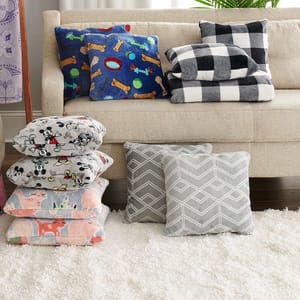 Various decorative throw pillows with different patterns, including plaid, geometric, and illustrated designs, displayed on a sofa and floor.