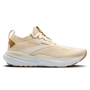 Beige Brooks Glycerin running shoe with a white sole, featuring a sleek, knit design and subtle branding.