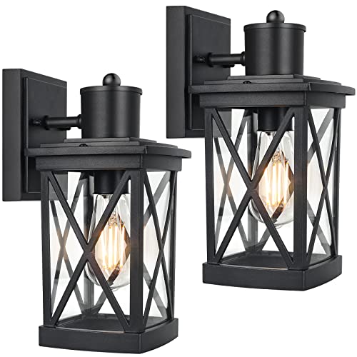 Two black outdoor wall sconces with a classic lantern design featuring clear glass panels and X-shaped metal overlays, suitable for exterior lighting.