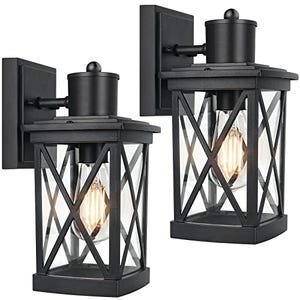 Two black outdoor wall sconces with a classic lantern design featuring clear glass panels and X-shaped metal overlays, suitable for exterior lighting.